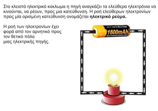 Στο κλειστό ηλεκτρικό κύκλωμα η πηγή αναγκάζει τα ελεύθερα ηλεκτρόνια να
κινούνται, να ρέουν, προς μια κατεύθυνση. Η ροή ελεύθερων ηλεκτρονίων
προς μία ορισμένη κατεύθυνση ονομάζεται ηλεκτρικό ρεύμα.
Η ροή των ηλεκτρονίων έχει
φορά από τον αρνητικό προς
τον θετικό πόλο
μιας ηλεκτρικής πηγής.
 