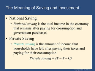 Copyright © 2004 South-Western
The Meaning of Saving and Investment
• National Saving
• National saving is the total income in the economy
that remains after paying for consumption and
government purchases.
• Private Saving
• Private saving is the amount of income that
households have left after paying their taxes and
paying for their consumption.
Private saving = (Y – T – C)
 