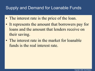 Copyright © 2004 South-Western
Supply and Demand for Loanable Funds
• The interest rate is the price of the loan.
• It represents the amount that borrowers pay for
loans and the amount that lenders receive on
their saving.
• The interest rate in the market for loanable
funds is the real interest rate.
 