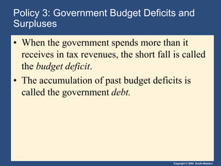 Copyright © 2004 South-Western
Policy 3: Government Budget Deficits and
Surpluses
• When the government spends more than it
receives in tax revenues, the short fall is called
the budget deficit.
• The accumulation of past budget deficits is
called the government debt.
 