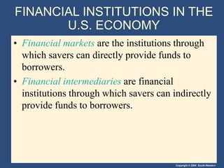 Copyright © 2004 South-Western
FINANCIAL INSTITUTIONS IN THE
U.S. ECONOMY
• Financial markets are the institutions through
which savers can directly provide funds to
borrowers.
• Financial intermediaries are financial
institutions through which savers can indirectly
provide funds to borrowers.
 