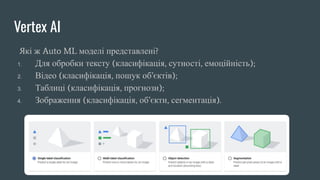 Vertex AI
Які ж Auto ML моделі представлені?
1. Для обробки тексту (класифікація, сутності, емоційність);
2. Відео (класифікація, пошук об’єктів);
3. Таблиці (класифікація, прогнози);
4. Зображення (класифікація, об’єкти, сегментація).
 