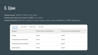6. Ціни
Тренування: 3.465*8 = $27.72 за 8 годин
Година розгорнутої моделі: $ 1.375 за 1 годину
Аналіз пачкою: $2.22 за 1 годину (за одну годину модель може обробити до 1000 зображень)
 