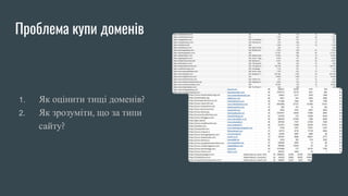 Проблема купи доменів
1. Як оцінити тищі доменів?
2. Як зрозуміти, що за типи
сайту?
 