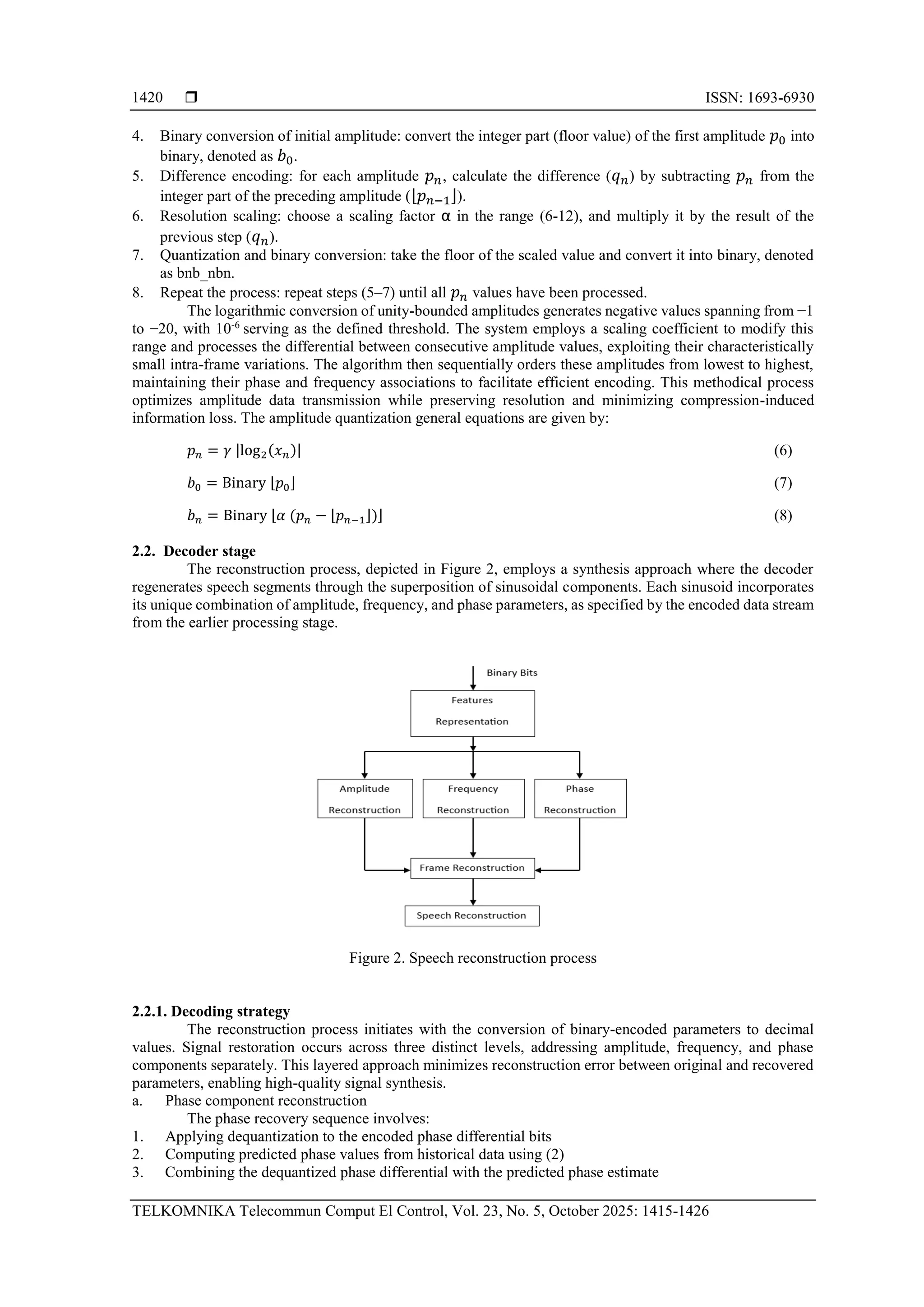  ISSN: 1693-6930
TELKOMNIKA Telecommun Comput El Control, Vol. 23, No. 5, October 2025: 1415-1426
1420
4. Binary conversion of initial amplitude: convert the integer part (floor value) of the first amplitude 𝑝0 into
binary, denoted as 𝑏0.
5. Difference encoding: for each amplitude 𝑝𝑛, calculate the difference (𝑞𝑛) by subtracting 𝑝𝑛 from the
integer part of the preceding amplitude (⌊𝑝𝑛−1⌋).
6. Resolution scaling: choose a scaling factor α in the range (6-12), and multiply it by the result of the
previous step (𝑞𝑛).
7. Quantization and binary conversion: take the floor of the scaled value and convert it into binary, denoted
as bnb_nbn.
8. Repeat the process: repeat steps (5–7) until all 𝑝𝑛 values have been processed.
The logarithmic conversion of unity-bounded amplitudes generates negative values spanning from −1
to −20, with 10-6
serving as the defined threshold. The system employs a scaling coefficient to modify this
range and processes the differential between consecutive amplitude values, exploiting their characteristically
small intra-frame variations. The algorithm then sequentially orders these amplitudes from lowest to highest,
maintaining their phase and frequency associations to facilitate efficient encoding. This methodical process
optimizes amplitude data transmission while preserving resolution and minimizing compression-induced
information loss. The amplitude quantization general equations are given by:
𝑝𝑛 = 𝛾 |log2(𝑥𝑛)| (6)
𝑏0 = Binary ⌊𝑝0⌋ (7)
𝑏𝑛 = Binary ⌊𝛼 (𝑝𝑛 − ⌊𝑝𝑛−1⌋)⌋ (8)
2.2. Decoder stage
The reconstruction process, depicted in Figure 2, employs a synthesis approach where the decoder
regenerates speech segments through the superposition of sinusoidal components. Each sinusoid incorporates
its unique combination of amplitude, frequency, and phase parameters, as specified by the encoded data stream
from the earlier processing stage.
Figure 2. Speech reconstruction process
2.2.1. Decoding strategy
The reconstruction process initiates with the conversion of binary-encoded parameters to decimal
values. Signal restoration occurs across three distinct levels, addressing amplitude, frequency, and phase
components separately. This layered approach minimizes reconstruction error between original and recovered
parameters, enabling high-quality signal synthesis.
a. Phase component reconstruction
The phase recovery sequence involves:
1. Applying dequantization to the encoded phase differential bits
2. Computing predicted phase values from historical data using (2)
3. Combining the dequantized phase differential with the predicted phase estimate
 