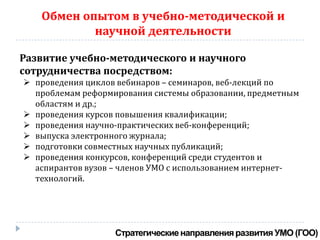 Обмен опытом в учебно-методической и
           научной деятельности

Развитие учебно-методического и научного
сотрудничества посредством:
 проведения циклов вебинаров – семинаров, веб-лекций по
  проблемам реформирования системы образовании, предметным
  областям и др.;
 проведения курсов повышения квалификации;
 проведения научно-практических веб-конференций;
 выпуска электронного журнала;
 подготовки совместных научных публикаций;
 проведения конкурсов, конференций среди студентов и
  аспирантов вузов – членов УМО с использованием интернет-
  технологий.
 