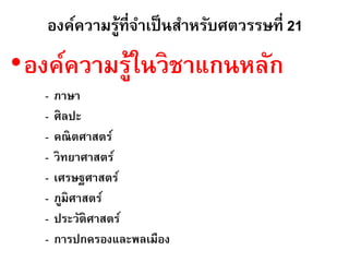 องค์ความรู้ที่จาเป็ นสาหรับศตวรรษที่ 21
•องค์ความรู้ในวิชาแกนหลัก
   -   ภาษา
   -   ศิลปะ
   -   คณิตศาสตร์
   -   วิทยาศาสตร์
   -   เศรษฐศาสตร์
   -   ภูมิศาสตร์
   -   ประวัติศาสตร์
   -   การปกครองและพลเมือง
 