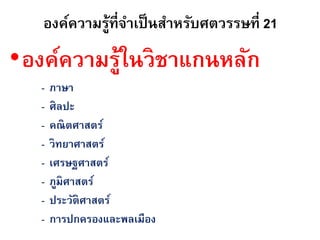 องค์ความรู้ที่จาเป็ นสาหรับศตวรรษที่ 21
•องค์ความรู้ในวิชาแกนหลัก
   -   ภาษา
   -   ศิลปะ
   -   คณิตศาสตร์
   -   วิทยาศาสตร์
   -   เศรษฐศาสตร์
   -   ภูมิศาสตร์
   -   ประวัติศาสตร์
   -   การปกครองและพลเมือง
 