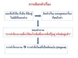 การเลือกหัวเรื่อง

มองสิ่งที่เป็ น ที่เห็น ที่มีอยู่      คิดหัวเรื่อง และมุมของเรื่อง
   ในมิติที่แตกต่าง                              ที่สนใจทา


                        ตอบคาถาม
“การทาโครงงานนี้ จะให้อะไรเพิ่มขึนจากสิ่งที่รอยู่ หรือมีอยู่แล้ว”
                                 ้           ู้


การทาโครงงาน  การทาสิ่งใหม่ที่เป็ นต้นฉบับ (Original)
 