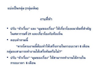 แบ่งเป็ นกลุ่ม (กลุ่มเดิม)

                             งานที่ทา
• ปรับ “หัวเรื่อง” และ “มุมของเรื่อง” ให้เกี่ยวโยงแนวคิดที่สาคัญ
  ในศตวรรษที่ 21 และเกี่ยวโยงกับท้องถ่ิ น
• ตอบคาถามนี้
       “หากโครงงานนี้ ต้องทาให้เสร็จภายในกรอบเวลา 6 เดือน
กลุ่มจะสามารถทางานได้เสร็จทันหรือไม่?”
• ปรับ “หัวเรื่อง” “มุมของเรื่อง” ให้สามารถทางานได้ภายใน
  กรอบเวลา 6 เดือน
 