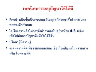 เทคนิคการระบุปัญหาให้ได้ดี
• คิดอย่ างเป็ นขันเป็ นตอนและมีเหตุผล โดยลองตังคาถาม และ
                  ้                            ้
  ทดลองนึกคาตอบ
• ไล่ เรียงความคิดในการตังคาถามลงไปอย่ างน้ อย 4-5 ระดับ
                           ้
  เพื่อให้ ค้นพบปั ญหาที่แท้ จริงได้ ดีขน
                                        ึ้
• ปรึกษาผู้มีความรู้
• ระดมความคิดเพื่อช่ วยกันมองและเชื่อมโยงปั ญหาในหลายทาง
  หรือ ในหลายมิติ
 