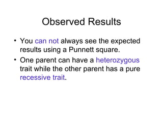 Observed Results You  can not  always see the expected results using a Punnett square. One parent can have a  heterozygous  trait while the other parent has a pure  recessive trait . 