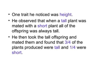 One trait he noticed was  height . He observed that when a  tall  plant was mated with a  short  plant all of the offspring was always tall. He then took the tall offspring and mated them and found that  3/4  of the plants produced were  tall  and  1/4  were  short . 