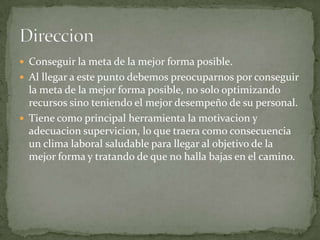  Conseguir la meta de la mejor forma posible.
 Al llegar a este punto debemos preocuparnos por conseguir
  la meta de la mejor forma posible, no solo optimizando
  recursos sino teniendo el mejor desempeño de su personal.
 Tiene como principal herramienta la motivacion y
  adecuacion supervicion, lo que traera como consecuencia
  un clima laboral saludable para llegar al objetivo de la
  mejor forma y tratando de que no halla bajas en el camino.
 