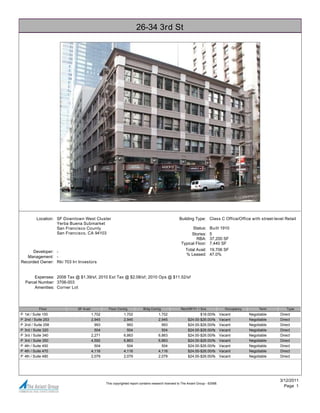 26-34 3rd St




           Location: SF Downtown West Cluster                                                       Building Type: Class C Office/Office with street-level Retail
                     Yerba Buena Submarket
                     San Francisco County                                                                  Status:       Built 1910
                     San Francisco, CA 94103                                                              Stories:       5
                                                                                                             RBA:        37,200 SF
                                                                                                     Typical Floor:      7,440 SF
      Developer: -                                                                                      Total Avail: 19,706 SF
                                                                                                        % Leased: 47.0%
   Management: -
Recorded Owner: Rki 703 Irr Investors


        Expenses: 2008 Tax @ $1.39/sf, 2010 Est Tax @ $2.08/sf; 2010 Ops @ $11.52/sf
    Parcel Number: 3706-003
        Amenities: Corner Lot




            Floor            SF Avail            Floor Contig             Bldg Contig                Rent/SF/Yr + Svs                Occupancy        Term        Type
P   1st / Suite 100                     1,702               1,702                    1,702                       $18.00/fs        Vacant         Negotiable   Direct
P   2nd / Suite 253                     2,945               2,945                    2,945                $24.00-$26.00/fs        Vacant         Negotiable   Direct
P   2nd / Suite 258                       993                 993                      993                $24.00-$26.00/fs        Vacant         Negotiable   Direct
P   3rd / Suite 320                       504                 504                      504                $24.00-$26.00/fs        Vacant         Negotiable   Direct
P   3rd / Suite 340                     2,271               6,863                    6,863                $24.00-$26.00/fs        Vacant         Negotiable   Direct
P   3rd / Suite 350                     4,592               6,863                    6,863                $24.00-$26.00/fs        Vacant         Negotiable   Direct
P   4th / Suite 450                       504                 504                      504                $24.00-$26.00/fs        Vacant         Negotiable   Direct
P   4th / Suite 470                     4,116               4,116                    4,116                $24.00-$26.00/fs        Vacant         Negotiable   Direct
P   4th / Suite 480                     2,079               2,079                    2,079                $24.00-$26.00/fs        Vacant         Negotiable   Direct




                                                                                                                                                              3/12/2011
                                                This copyrighted report contains research licensed to The Axiant Group - 62588.
                                                                                                                                                                Page 1
 