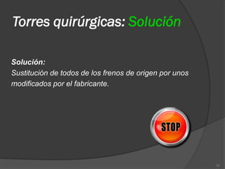 Torres quirúrgicas: Solución

Solución:
Sustitución de todos de los frenos de origen por unos
modificados por el fabricante.




                                                        12
 