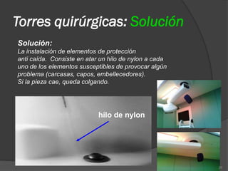 Torres quirúrgicas: Solución
Solución:
La instalación de elementos de protección
anti caída. Consiste en atar un hilo de nylon a cada
uno de los elementos susceptibles de provocar algún
problema (carcasas, capos, embellecedores).
Si la pieza cae, queda colgando.




                            hilo de nylon




                                                       20
 