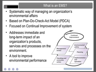 Systematic way of managing an organization’s environmental affairs Based on Plan-Do-Check-Act Model (PDCA) Focused on Continual Improvement of system What is an EMS? Addresses immediate and long-term impact of an organization’s products, services and processes on the environment.  A tool to improve environmental performance  