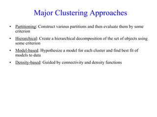 Major Clustering Approaches
• Partitioning: Construct various partitions and then evaluate them by some
criterion
• Hierarchical: Create a hierarchical decomposition of the set of objects using
some criterion
• Model-based: Hypothesize a model for each cluster and find best fit of
models to data
• Density-based: Guided by connectivity and density functions
 