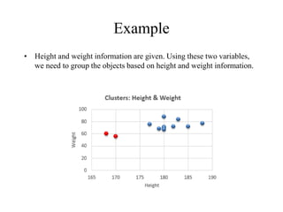 Example
• Height and weight information are given. Using these two variables,
we need to group the objects based on height and weight information.
 