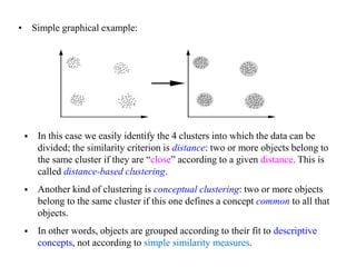 • Simple graphical example:
 In this case we easily identify the 4 clusters into which the data can be
divided; the similarity criterion is distance: two or more objects belong to
the same cluster if they are “close” according to a given distance. This is
called distance-based clustering.
 Another kind of clustering is conceptual clustering: two or more objects
belong to the same cluster if this one defines a concept common to all that
objects.
 In other words, objects are grouped according to their fit to descriptive
concepts, not according to simple similarity measures.
 