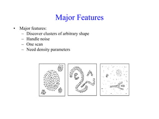 Major Features
• Major features:
– Discover clusters of arbitrary shape
– Handle noise
– One scan
– Need density parameters
 