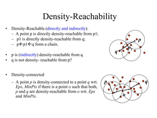Density-Reachability
• Density-Reachable (directly and indirectly):
– A point p is directly density-reachable from p1;
– p1 is directly density-reachable from q;
– pp1q form a chain.
• p is (indirectly) density-reachable from q
• q is not density- reachable from p?
• Density-connected
– A point p is density-connected to a point q wrt.
Eps, MinPts if there is a point o such that both,
p and q are density-reachable from o wrt. Eps
and MinPts.
p
q
p1
p q
o
 