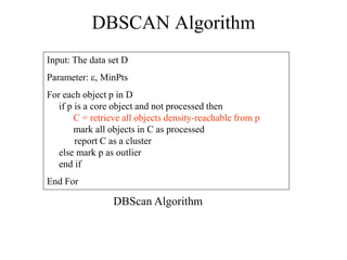 DBSCAN Algorithm
Input: The data set D
Parameter: , MinPts
For each object p in D
if p is a core object and not processed then
C = retrieve all objects density-reachable from p
mark all objects in C as processed
report C as a cluster
else mark p as outlier
end if
End For
DBScan Algorithm
 
