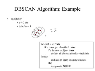 DBSCAN Algorithm: Example
• Parameter
• e = 2 cm
• MinPts = 3
for each o  D do
if o is not yet classified then
if o is a core-object then
collect all objects density-reachable
from o
and assign them to a new cluster.
else
assign o to NOISE
 