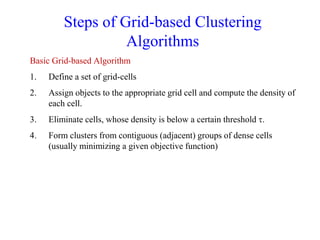 Steps of Grid-based Clustering
Algorithms
Basic Grid-based Algorithm
1. Define a set of grid-cells
2. Assign objects to the appropriate grid cell and compute the density of
each cell.
3. Eliminate cells, whose density is below a certain threshold t.
4. Form clusters from contiguous (adjacent) groups of dense cells
(usually minimizing a given objective function)
 