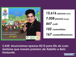 CASE: Anunciamos apenas R$10 para fãs do Luan
Santana que moram próximo de Itabirito e Belo
Horizonte.
15.616 pessoas (total)
7.008 pessoas (pago)
447 curtir
102 comentários
167 compartilhamentos
 