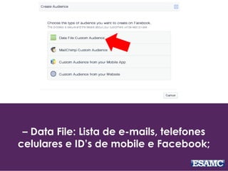 – Data File: Lista de e-mails, telefones
celulares e ID’s de mobile e Facebook;
 