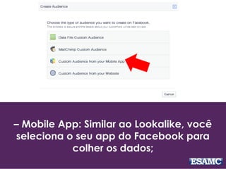 – Mobile App: Similar ao Lookalike, você
seleciona o seu app do Facebook para
colher os dados;
 