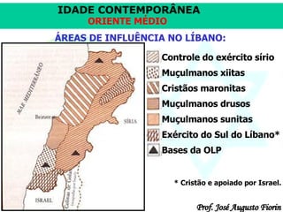 ÁREAS DE INFLUÊNCIA NO LÍBANO: Controle do exército sírio Muçulmanos xiitas Cristãos maronitas Muçulmanos drusos Muçulmanos sunitas Exército do Sul do Líbano*  Bases da OLP * Cristão e apoiado por Israel. 