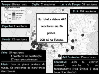 Chernobyl:  além do reactor destruído, mantém 3 em funcionamento (Nos últimos 2 anos houve 3 incidentes) No total existem 442 reactores em 36 países. 200 só na Europa. França:  60 reactores Japão:  51 reactores Leste da Europa:  58 reactores Espanha:  7 reactores EUA:  109 reactores Canadá:  21 reactores Grã Bretanha:  35 reactores China:  15 reactores 4 reactores em construção 27 reactores planeados Rússia:  tem as piores centrais do mundo. Os problemas de manutenção são crónicos. 