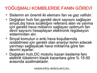 YOĞUŞMALI KOMBİLERDE FANIN GÖREVİ
• Sistemin en önemli iki elemanı fan ve gaz valfıdır.
• Değişken hızlı fan,gerekli devir sayısını sağlayan
  sinyal,dış hava sıcaklığını referans alan ve yanma
  için gerekli hava miktarını sağlayan optimum fan
  devir sayısını hesaplayan elektronik regülasyon
  sisteminden alır.
• Sinyal komutun o anki hava koşullarında
  ısıtabilmesi için gerekli olan enerjiyi temin edecek
  yanmayı sağlayacak hava miktarına göre fan
  devrini ayarlar.
• Değişken hızlı,DC motorlu kazan besleme fanı
  elektrik tüketimini klasik kazanlara göre % 15-50
  arasında azaltmaktadır.
                 HASAN EROL BAĞCILAR E.M.L.
 