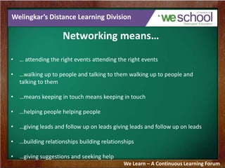 Welingkar’s Distance Learning Division
Networking means…
• … attending the right events attending the right events
• …walk...