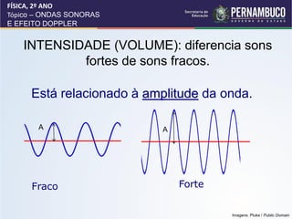 FÍSICA, 2º ANO
Tópico – ONDAS SONORAS
E EFEITO DOPPLER


   INTENSIDADE (VOLUME): diferencia sons
           fortes de sons fracos.

     Está relacionado à amplitude da onda.

       A                  A




     Fraco                    Forte


                                      Imagens: Pluke / Public Domain
 