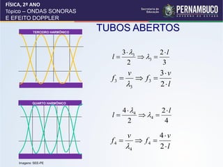 FÍSICA, 2º ANO
Tópico – ONDAS SONORAS
E EFEITO DOPPLER

            TERCEIRO HARMÔNICO
                                 TUBOS ABERTOS

                                      3  3        2l
                                   l         3 
                                        2            3
                                         v     3 v
                                   f3   f3 
                                       3      2l

            QUARTO HARMÔNICO

                                        4  4        2l
                                   l           4 
                                          2            4

                                         v        4v
                                   f4      f4 
                                        4        2l

    Imagens: SEE-PE
 