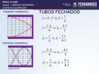 FÍSICA, 2º ANO
Tópico – ONDAS SONORAS
E EFEITO DOPPLER
PRIMEIRO HARMÔNICO       TUBOS FECHADOS
                                           v
                          v  f  f 
                                           
                             1 1        4l
                          l        1 
                               4           1
                               v      1 v
                          f1   f1 
                              1      4l
TERCEIRO HARMÔNICO


                             3  3        4l
                          l         3 
                               4            3
                                v     3 v
                          f3   f3 
                              3      4l
    Imagens: SEE-PE
 