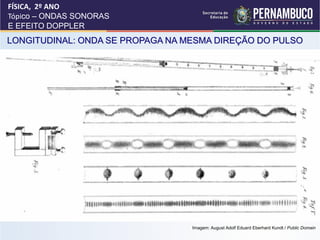 FÍSICA, 2º ANO
Tópico – ONDAS SONORAS
E EFEITO DOPPLER
LONGITUDINAL: ONDA SE PROPAGA NA MESMA DIREÇÃO DO PULSO




                                  Imagem: August Adolf Eduard Eberhard Kundt / Public Domain
 
