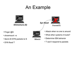 An Example
Shimomura (S) Trusted(T)
Mitnick
• Finger @S
• showmount –e
• Send 20 SYN packets to S
• SYN flood T
• Attack when no one is around
• What other systems it trusts?
• Determine ISN behavior
• T won’t respond to packets
Syn flood X
 