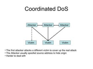 Coordinated DoS
Attacker
Victim Victim Victim
Attacker Attacker
• The first attacker attacks a different victim to cover up the real attack
• The Attacker usually spoofed source address to hide origin
• Harder to deal with
 