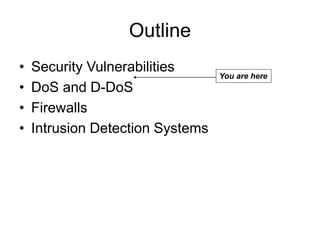 Outline
• Security Vulnerabilities
• DoS and D-DoS
• Firewalls
• Intrusion Detection Systems
You are here
 