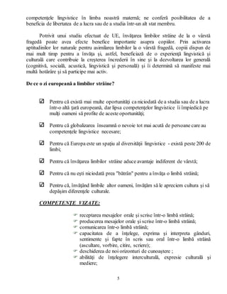 5
competenţele lingvistice în limba noastră maternă; ne conferă posibilitatea de a
beneficia de libertatea de a lucra sau de a studia într-un alt stat membru.
Potrivit unui studiu efectuat de UE, învăţarea limbilor străine de la o vârstă
fragedă poate avea efecte benefice importante asupra copiilor. Prin activarea
aptitudinilor lor naturale pentru asimilarea limbilor la o vârstă fragedă, copiii dispun de
mai mult timp pentru a învăţa şi, astfel, beneficiază de o experienţă lingvistică şi
culturală care contribuie la creşterea încrederii în sine şi la dezvoltarea lor generală
(cognitivă, socială, acustică, lingvistică şi personală) şi îi determină să manifeste mai
multă hotărâre şi să participe mai activ.
De ce o zi europeană a limbilor străine?
Pentru că există mai multe oportunităţi ca niciodată de a studia sau de a lucra
într-o altă ţară europeană, dar lipsa competenţelor lingvistice îi împiedică pe
mulţi oameni să profite de aceste oportunităţi;
Pentru că globalizarea înseamnă o nevoie tot mai acută de persoane care au
competenţele lingvistice necesare;
Pentru că Europa este un spaţiu al diversităţii lingvistice - există peste 200 de
limbi;
Pentru că învăţarea limbilor străine aduce avantaje indiferent de vârstă;
Pentru că nu eşti niciodată prea "bătrân" pentru a învăţa o limbă străină;
Pentru că, învăţând limbile altor oameni, învăţăm să le apreciem cultura şi să
depăşim diferenţele culturale.
COMPETENŢE VIZATE:
 receptarea mesajelor orale şi scrise într-o limbă străină;
 producerea mesajelor orale şi scrise într-o limbă străină;
 comunicarea într-o limbă străină;
 capacitatea de a înţelege, exprima şi interpreta gânduri,
sentimente şi fapte în scris sau oral într-o limbă străină
(ascultare, vorbire, citire, scriere);
 deschiderea de noi orizonturi de cunoaştere ;
 abilităţi de înţelegere interculturală, expresie culturală şi
mediere;
 