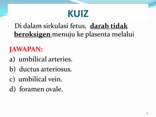 KUIZ
Di dalam sirkulasi fetus, darah tidak
beroksigen menuju ke plasenta melalui
JAWAPAN:
a) umbilical arteries.
b) ductus arteriosus.
c) umbilical vein.
d) foramen ovale.
15
 