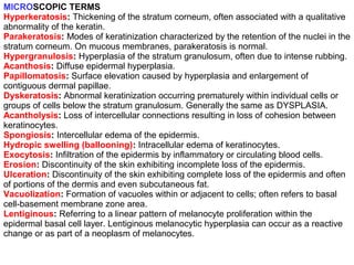 MICROSCOPIC TERMS 
Hyperkeratosis: Thickening of the stratum corneum, often associated with a qualitative 
abnormality of the keratin. 
Parakeratosis: Modes of keratinization characterized by the retention of the nuclei in the 
stratum corneum. On mucous membranes, parakeratosis is normal. 
Hypergranulosis: Hyperplasia of the stratum granulosum, often due to intense rubbing. 
Acanthosis: Diffuse epidermal hyperplasia. 
Papillomatosis: Surface elevation caused by hyperplasia and enlargement of 
contiguous dermal papillae. 
Dyskeratosis: Abnormal keratinization occurring prematurely within individual cells or 
groups of cells below the stratum granulosum. Generally the same as DYSPLASIA. 
Acantholysis: Loss of intercellular connections resulting in loss of cohesion between 
keratinocytes. 
Spongiosis: Intercellular edema of the epidermis. 
Hydropic swelling (ballooning): Intracellular edema of keratinocytes. 
Exocytosis: Infiltration of the epidermis by inflammatory or circulating blood cells. 
Erosion: Discontinuity of the skin exhibiting incomplete loss of the epidermis. 
Ulceration: Discontinuity of the skin exhibiting complete loss of the epidermis and often 
of portions of the dermis and even subcutaneous fat. 
Vacuolization: Formation of vacuoles within or adjacent to cells; often refers to basal 
cell-basement membrane zone area. 
Lentiginous: Referring to a linear pattern of melanocyte proliferation within the 
epidermal basal cell layer. Lentiginous melanocytic hyperplasia can occur as a reactive 
change or as part of a neoplasm of melanocytes. 
 