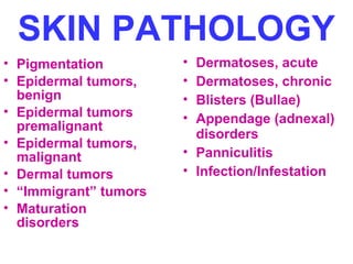 SKIN PATHOLOGY 
• Pigmentation 
• Dermatoses, acute 
• Epidermal tumors, 
• Dermatoses, chronic 
benign 
• Blisters (Bullae) 
• Epidermal tumors 
premalignant 
• Appendage (adnexal) 
• Epidermal tumors, 
disorders 
malignant 
• Panniculitis 
• Dermal tumors 
• Infection/Infestation 
• “Immigrant” tumors 
• Maturation 
disorders 
 