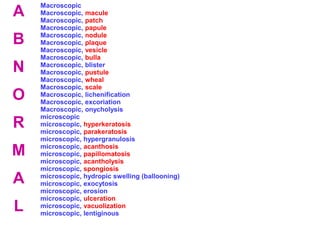 Macroscopic 
Macroscopic, macule 
Macroscopic, patch 
Macroscopic, papule 
Macroscopic, nodule 
Macroscopic, plaque 
Macroscopic, vesicle 
Macroscopic, bulla 
Macroscopic, blister 
Macroscopic, pustule 
Macroscopic, wheal 
Macroscopic, scale 
Macroscopic, lichenification 
Macroscopic, excoriation 
Macroscopic, onycholysis 
microscopic 
microscopic, hyperkeratosis 
microscopic, parakeratosis 
microscopic, hypergranulosis 
microscopic, acanthosis 
microscopic, papillomatosis 
microscopic, acantholysis 
microscopic, spongiosis 
microscopic, hydropic swelling (ballooning) 
microscopic, exocytosis 
microscopic, erosion 
microscopic, ulceration 
microscopic, vacuolization 
microscopic, lentiginous 
A 
B 
N 
O 
R 
M 
A 
L 
 