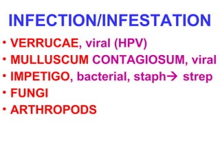 INFECTION/INFESTATION 
• VERRUCAE, viral (HPV) 
• MULLUSCUM CONTAGIOSUM, viral 
• IMPETIGO, bacterial, staph strep 
• FUNGI 
• ARTHROPODS 
 